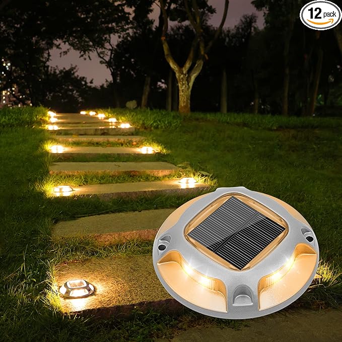 VOLISUN Solar Driveway Lights Dock Marine Lights 12 Pack,2 Colors in 1,Outdoor LED Deck Lights,Solar Powered Waterproof Warning Step Lights for Driveway Sidewalk Pathway (White/Warm White)