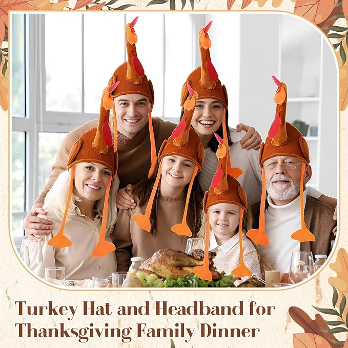 Geyoga 4 Pcs Thanksgiving Turkey Hats for Adults Plush Turkey Hat with Legs Headband for Carnival Cosplay Thanksgiving Party