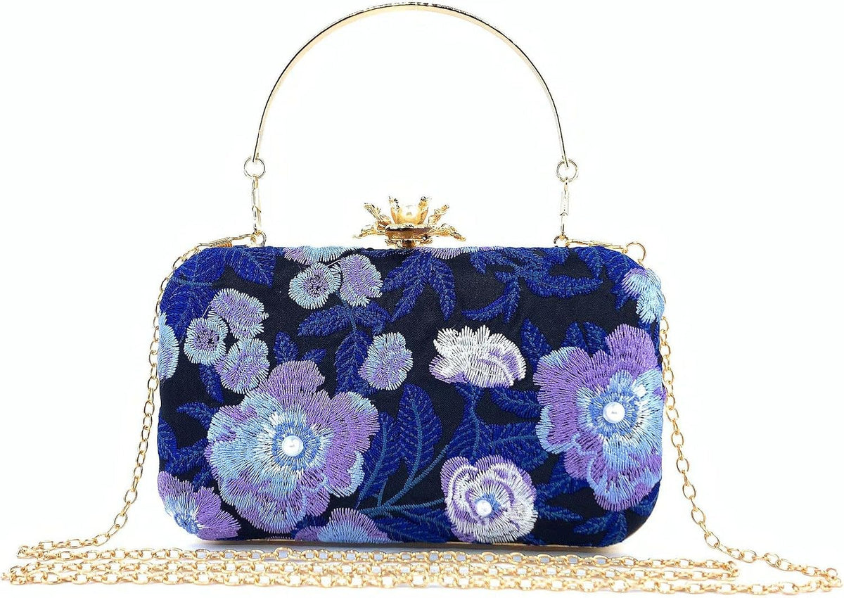 HUFFA Women Embroidery Flowers Evening Clutch Bags Diamond Banquet Shoulder Bags Wedding Dinner Wallets Purse (Color : Blue)