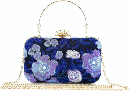 HUFFA Women Embroidery Flowers Evening Clutch Bags Diamond Banquet Shoulder Bags Wedding Dinner Wallets Purse (Color : Blue)