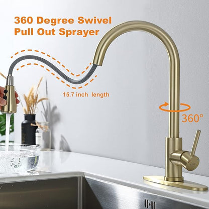Kitchen Faucet with Pull Down Sprayer, Gold Pull Out Kitchen Faucet with Kitchen Soap Dispenser, Single Level Stainless Steel Kitchen Faucet, Single Handle High Arc Kitchen Faucet