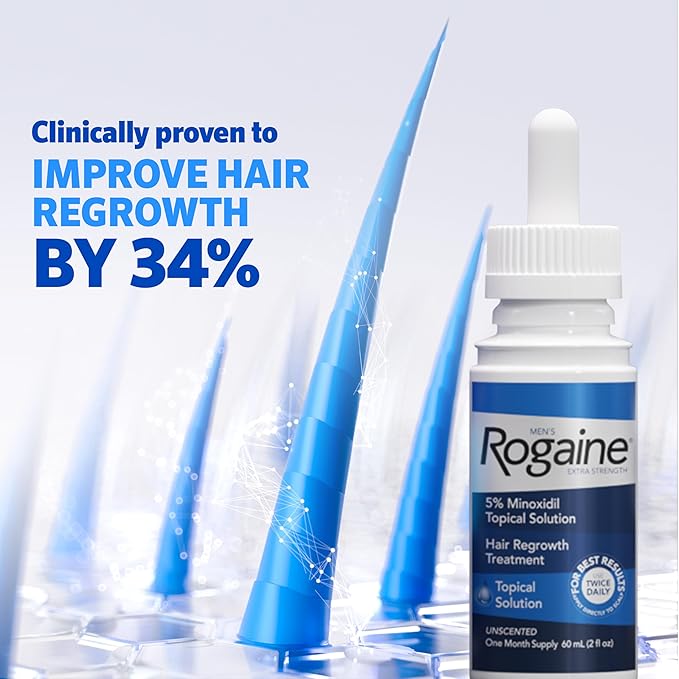 Men's Rogaine Extra Strength 5 Minoxidil Topical Solution for Thin Hair, Hair Loss Treatment to Regrow Fuller, Thicker Hair, 3 Month Supply, 3 Bottles