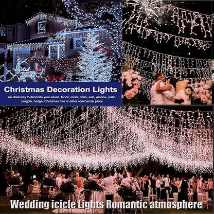 32.8ft 300LED Icicle String Lights Solar Hanging Light 8 Modes Waterproof Icicle Christmas Lights with Remote Decor Curtain Fairy Lights 60 Drops Hanging Decor Home,Party,Wedding (White)