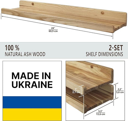 Floating Shelves for Wall 24 inch Waterproof Wall Storage Shelves with Lip Display Picture Ledge Shelf for Living Room Photo Frame Natural Wood Hanging Book Shelves (DIY-Unfinished, Set 2)