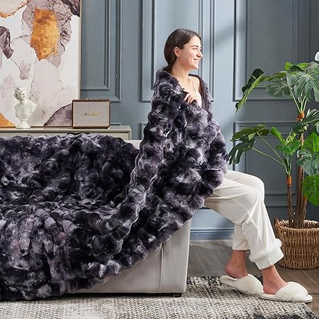 Cozy Bliss Faux Fur Throw Blanket for Couch, Fuzzy Soft Plush Thick Bubble Blanket for Sofa Bedroom Living Room, 60  80 Inches Tie Dye Black