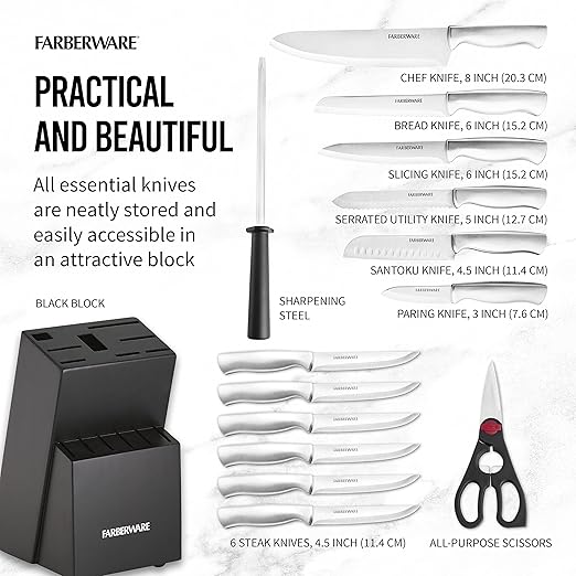 Farberware 15-Piece High-Carbon Stamped Stainless Steel Kitchen Knife Set with Wood Block, Steak Knives, Razor-Sharp, Black, Ultra-Sharp Blades, Ergonomic Comfort Grip