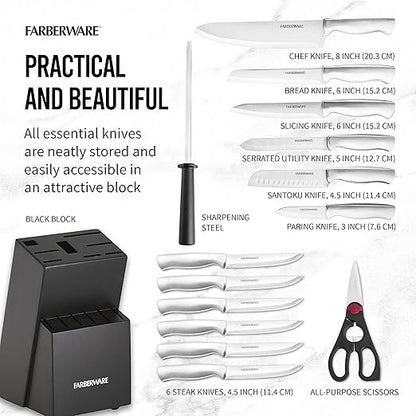 Farberware 15-Piece High-Carbon Stamped Stainless Steel Kitchen Knife Set with Wood Block, Steak Knives, Razor-Sharp, Black, Ultra-Sharp Blades, Ergonomic Comfort Grip