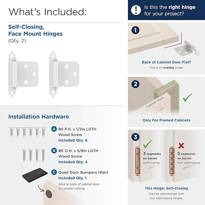 Amerock Cabinet Hinge - Variable Overlay, White, 2 Pack, Self-Closing, Face Mount