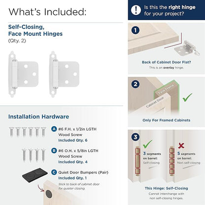 Amerock Cabinet Hinge - Variable Overlay, White, 2 Pack, Self-Closing, Face Mount