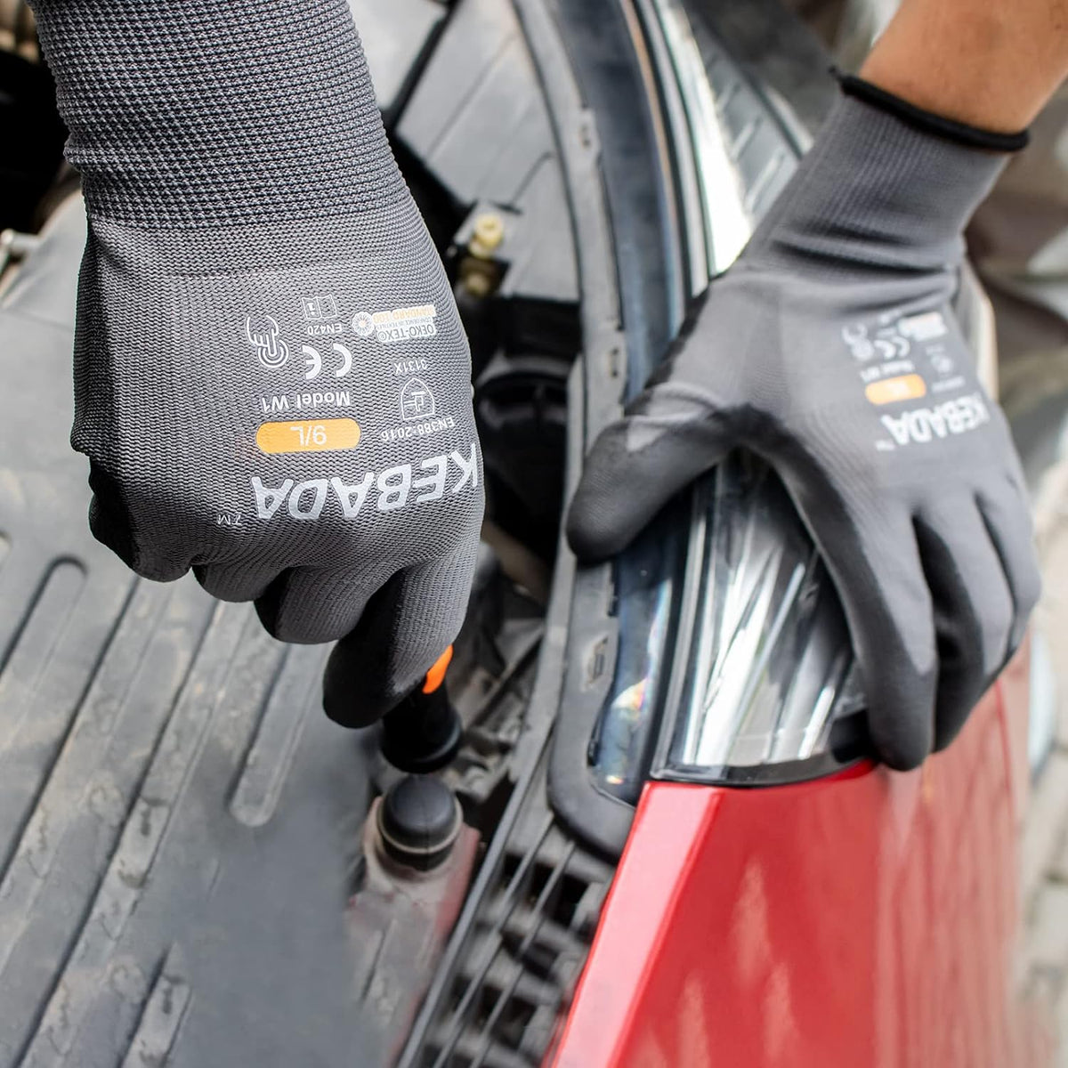Kebada W1 Work Gloves for Men and Women, PU Coated Safety Gloves with Grip, Touchscreen, Ideal for Warehouse Package Handling, Construction, Gardening, 9 Pairs Gray Large