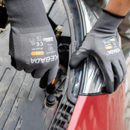 Kebada W1 Work Gloves for Men and Women, PU Coated Safety Gloves with Grip, Touchscreen, Ideal for Warehouse Package Handling, Construction, Gardening, 9 Pairs Gray Large