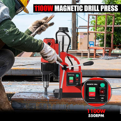 Mag Drill Press, 1100W 550RPM Portable Magnetic Drill Press, Magnetic Core Electric Drilling Machine for Metal Working,14Pcs Annular Cutters Drilling Bits,Red