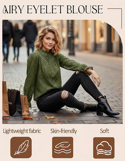 Women's Long Sleeve Eyelet Tops Dressy Cotton Button Shirts v Neck Lace Floral Embroidered Peplum Blouses