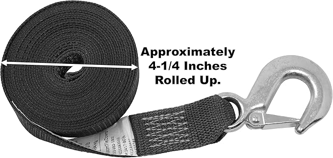 CustomTieDowns 1.5 Inch Strap, Forged Snap Hook On One End, 1 Inch Loop Opening On The Opposite End for Attachment to Winch, Total Strap Length 16 Ft, Polyester Tie-Down Webbing.