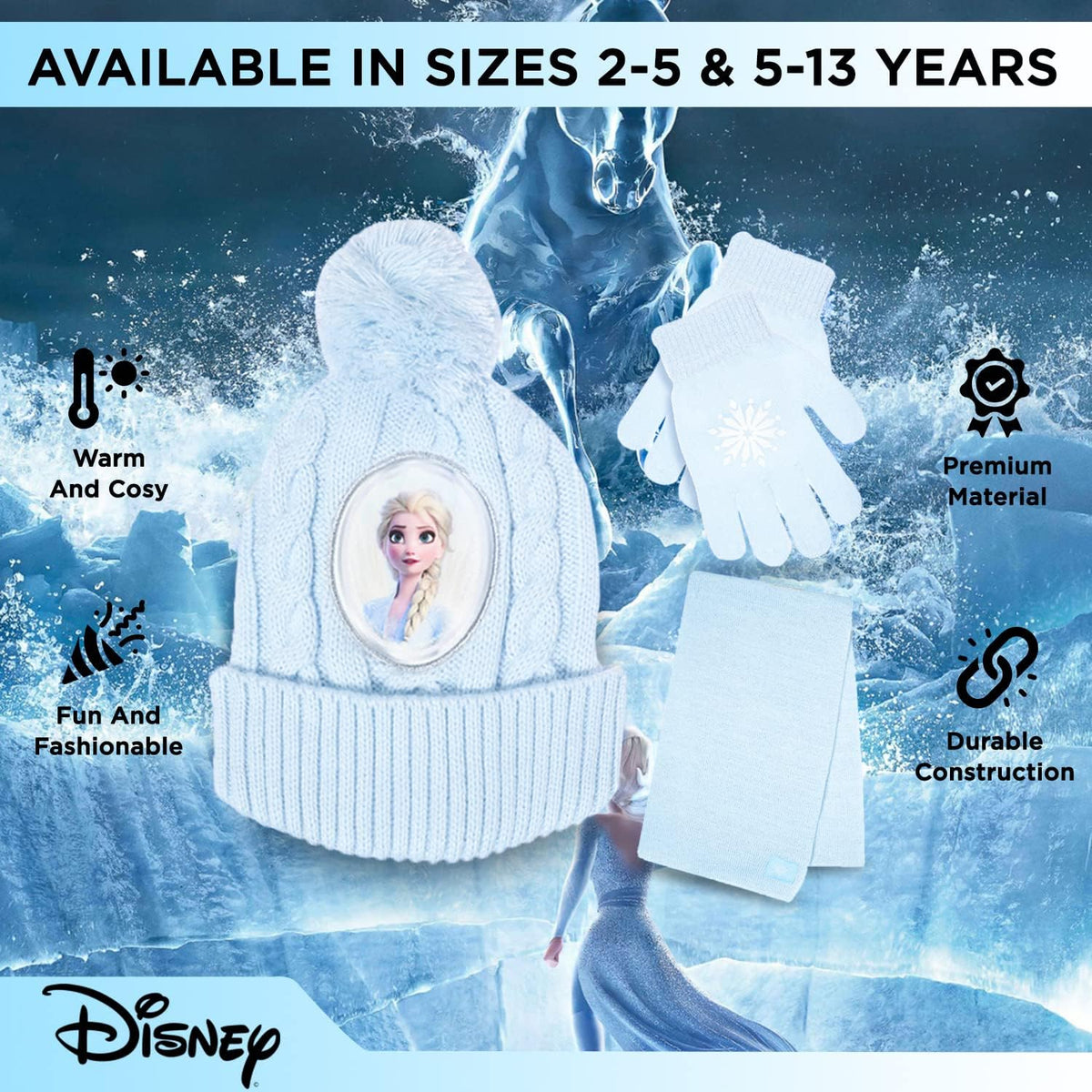 Disney Frozen Kid’s Winter Hat, Snow Gloves, and Scarf for Girls, 3 Pc. Set, Plush Warm Outdoor Comfort