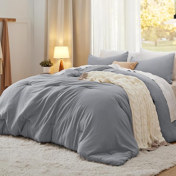 Bedsure Queen Size Comforter Set, Grey Soft Prewashed Bedding for All Seasons, 3 Pieces GentleSoftN Warm Down Alternative Bed Set, 1 Lightweight Comforter (90"x90") and 2 Pillowcases (20"x26")