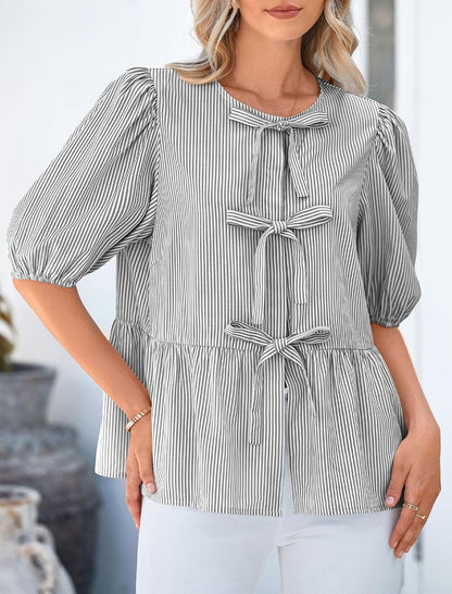 PRETTYGARDEN Women Striped Tie Front Babydoll Peplum Tops | Short Puff Sleeves, Lightweight Crew Neck Blouse, Hidden Buttons, Spring Summer Shirts for Casual Outing, Date Night, Party .