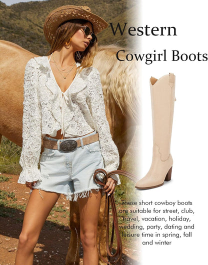 Women's Western Knee High Boots with Chunky Block Heel and Square Toe
