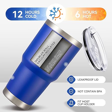 30 oz Tumbler with Lid Stainless Steel Tumblers Vacuum Insulated Cup Reusable Powder Coated Travel Mug Double Wall Leak Proof Portable Cups Keep Cold Drinks for 12 Hours, Blue, 1 Pack
