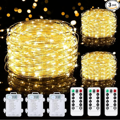 Mlambert 3 Pack 33FT Fairy Lights Battery Operated with Remote and Timer, Waterproof Dimmable 8 Modes 100 LEDs Twinkle Lights for Indoor Outdoor Decor
