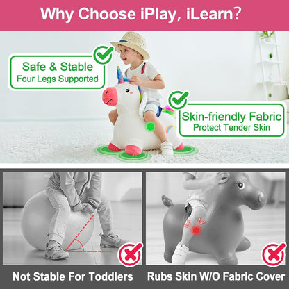 iPlay, iLearn Bouncy Pals Hopping Unicorn Horse, Toddler Girl Inflatable Bouncing Animal Hopper Toy, Outdoor Indoor Plush Ride on Bouncer, Baby Birthday Gift 18 Month 2 3 4 Year Old Kid - Unicorn (Does not include air pump)