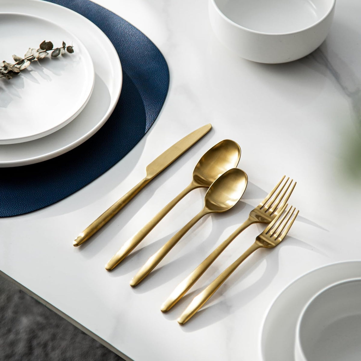 JazzUpCo Ava Flatware Flatware non toxic 18/10 stainless steel dishwasher safe (Matte Gold, 4 Person Set (20 Pieces))