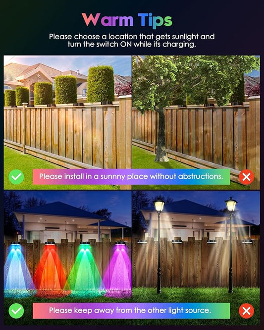 Pack of 8 upgraded solar lights for outdoor fence with point lenses, warm white, cool white and RGB 8 fixed colors, bright waterproof color lights for fence, wall, step,