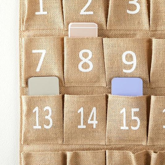 Juvale 30-Row Burlap Cell Phone Holder for Classroom, Farmhouse Designed White Numbered Hanging Pocket Organizer for Mobile Phones, Calculator Caddy, Organization (23x31 in)