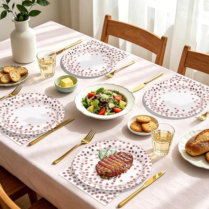 50Pcs White and Rose Gold Paper Plates and Napkins Set - 9 inch Gold Foil Dot Disposable Dessert Party Paper Plates Napkins Party Supplies, for Birthday Baby Shower Weddings, All Occasions Serves 25