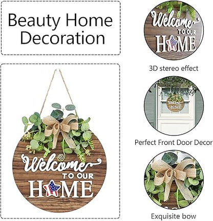 Interchangeable Seasonal Welcome Sign Front Door Decoration, Rustic Round Wood Wreaths Wall Hanging Outdoor, Farmhouse, Porch, for Spring Summer Fall All Seasons Holiday Halloween Christmas.