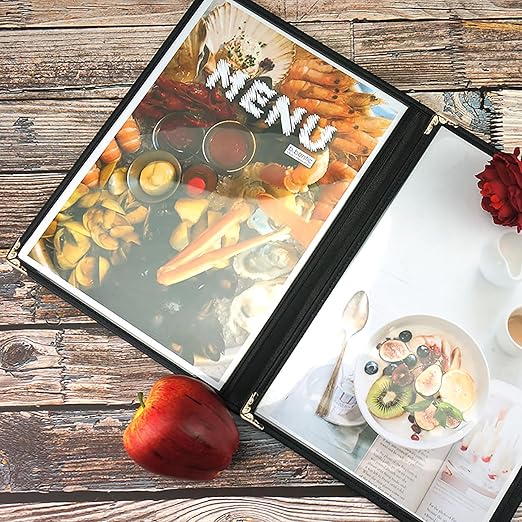 Nicunom 12 Pcak Restaurant Menu Covers, 8.5 X 11 Inch Menu Covers, 2 Page 4 View Transparent Menu Holders for Bar Cafe Restaurant, Double Stitched Edge