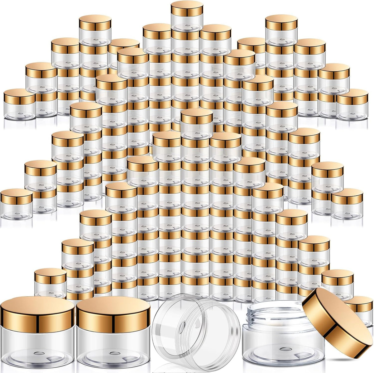 SATINIOR 100 Pcs Plastic Jars with Lids Small Containers Lids Wide Mouth Small Plastic Containers for Lotion Cream Rhinestones Body Butters Travel Storage(2 oz,Gold
