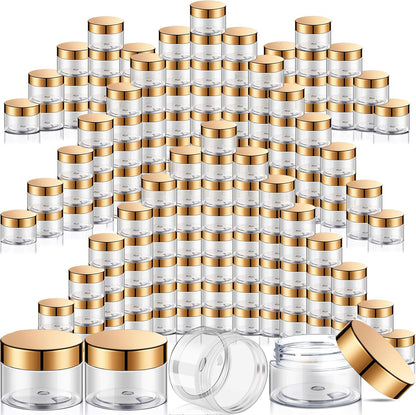 SATINIOR 100 Pcs Plastic Jars with Lids Small Containers Lids Wide Mouth Small Plastic Containers for Lotion Cream Rhinestones Body Butters Travel Storage(2 oz,Gold
