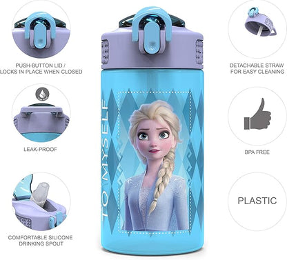 Zak Designs Disney Frozen 1 Pc Water Bottle with Reusable Straw and Built in Carrying Loops, Made of Plastic, Leak-Proof Designs 16 oz, BPA-Free (Frozen)