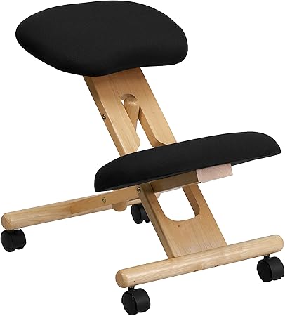 Flash Furniture Posey Mobile Wooden Kneeling Office Chair for Improved Posture, Height-Adjustable Ergonomic Office Kneeling Chair, NaturalBlack