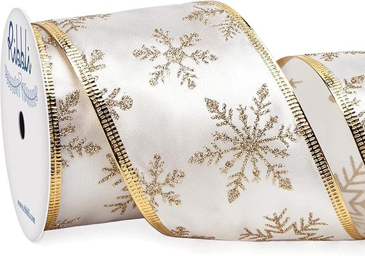Ribbli Snowflake Glitter Satin Wired Ribbon,Ivory Satin Ribbon with Gold Glitter Snowflake Pattern and Gold Metallic Edge,2-12 Inch x 10Yards Christmas Ribbon for Tree Decoration