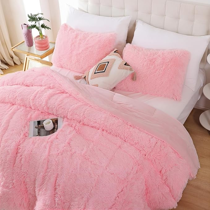Smoofy Fluffy Full Size Comforter Set, Faux Fur Pink Comforter Set, Luxury Fuzzy Bedding Set, Soft Shaggy Full Bed Set for All Season, 3 Pieces - 1 Comforter & 2 Pillowcases