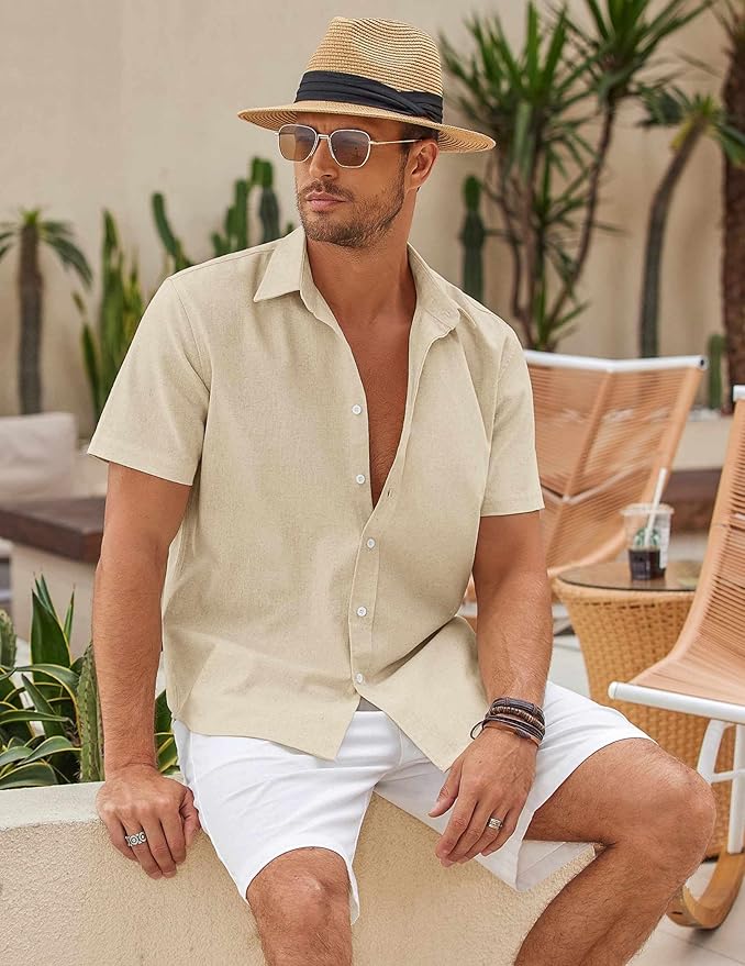 COOFANDY Men's Linen Casual Short Sleeve Shirt Button Down Summer Beach Wedding Shirts