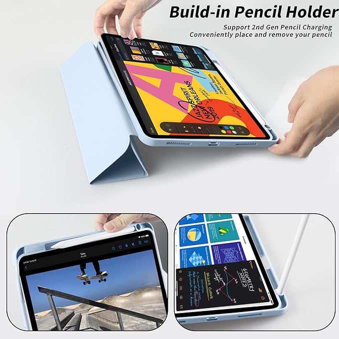 Aoub Case for iPad Air 11-inch M3/M2 (2025/2024), iPad Air 5th/4th Generation (2022/2020) 10.9-inch with Pencil Holder, Trifold Stand with Soft TPU Back Cover, Auto Sleep/Wake, Sky Blue