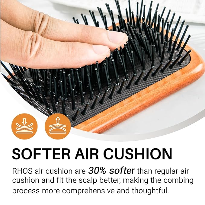 RHOS Wooden Paddle Brush With Nylon Bristles - Cushion Square Design for Detangling and Massaging All Hair Types (Men & Women)
