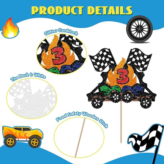 Monster Truck 3rd Birthday Cake Topper, Big Truck Fast Three Cake Topper for Boys, Racing Car Three Years Old Birthday Cake Decor, Racing Theme 3rd Anniversary Party Decoration - Black Glitter