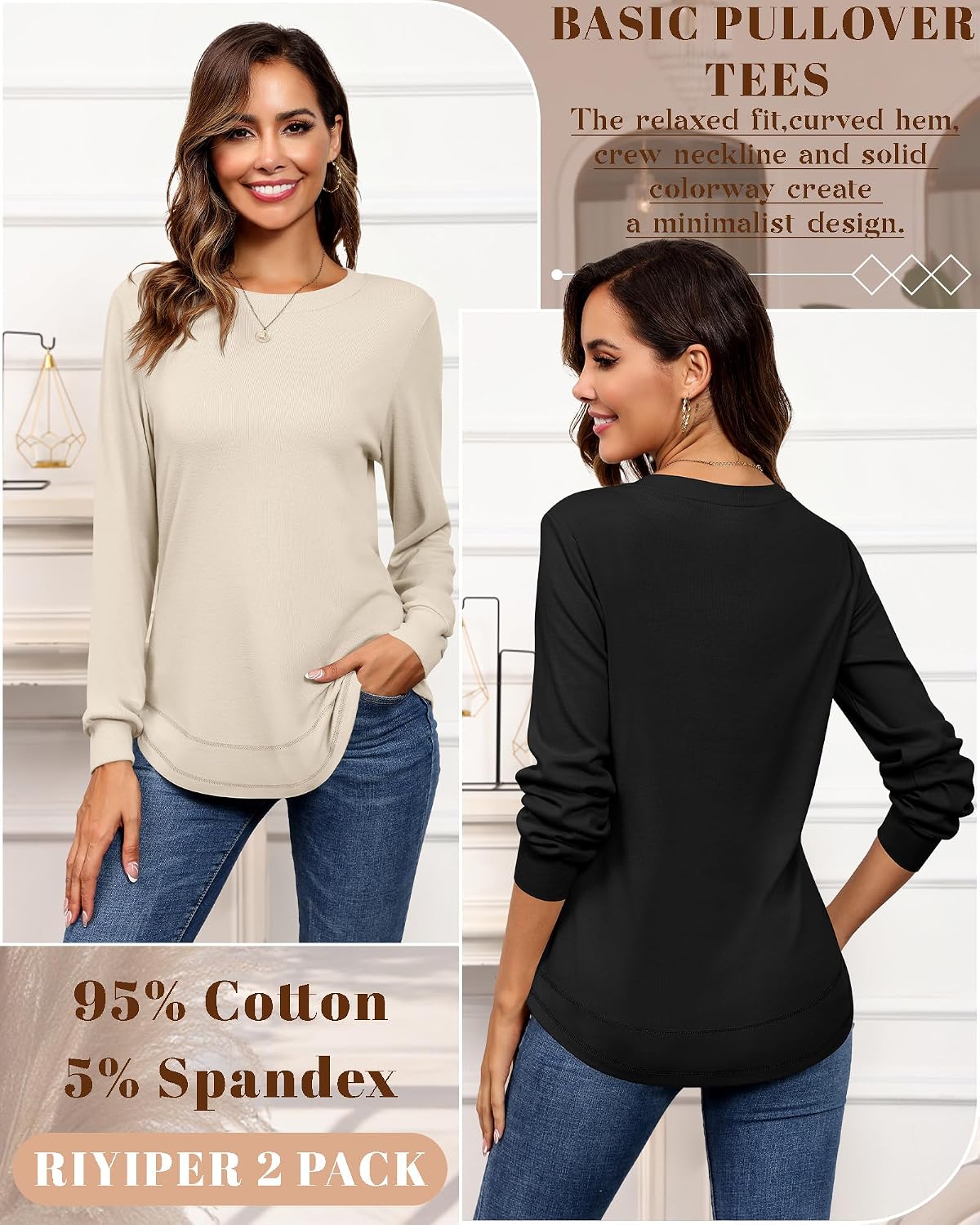 Riyiper 2 Pack Women's Crew Neck Sweatshirts, Cotton Long Sleeve Casual Shirts Loose Fit Tunic Tops Plain Basic Pullover Tees