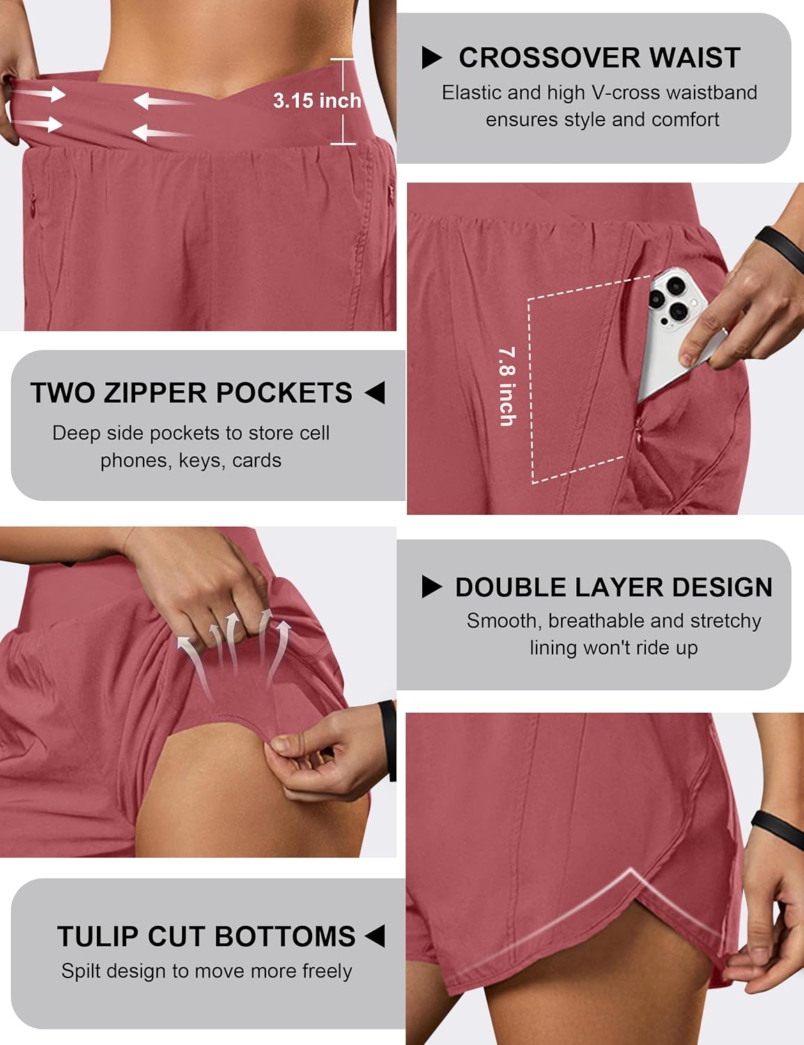 Blooming Jelly Women's Workout Shorts Athletic Running Shorts Crossover High Waisted Gym Shorts with Zipper Pockets.