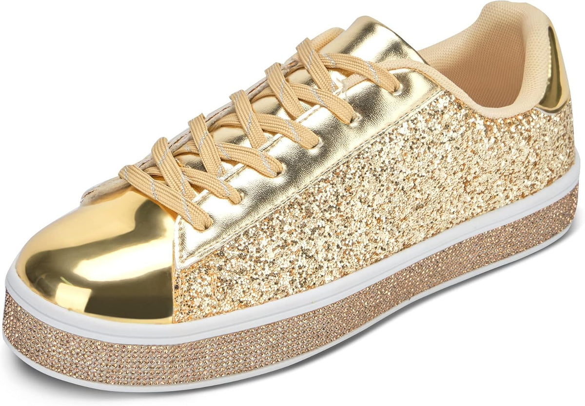 UUBARIS Women's Glitter Tennis Sneakers Neon Dressy Sparkly Sneakers Rhinestone Bling Wedding Bridal Shoes Shiny Sequin Shoes.