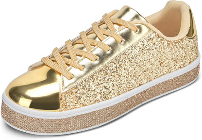 UUBARIS Women's Glitter Tennis Sneakers Neon Dressy Sparkly Sneakers Rhinestone Bling Wedding Bridal Shoes Shiny Sequin Shoes.