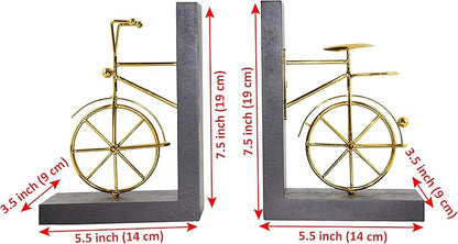 Spiretro Bicycle Bookend Supports, Decorative Book Stoppers with Non-Skid Bottom, Handcrafted Distressed Wood  Metal Book Stand, Display for Bookshelf Office Desktop, 1-Pair, Golden  Brown