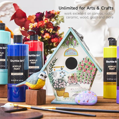 Shuttle Art Acrylic Paint, 12 Colors Acrylic Paint Large Bottle Set, 473ml/16oz Each, Rich Pigments, High Viscosity, Bulk Paint for Artists, Beginners and Kids on Rocks Crafts Canvas Wood Ceramic