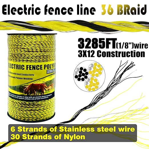 BESTEEL Upgraded Electric Fence Poly Wire 3285 Feet 1000 Meters, 18" Diameter Portable Electric Fencing Polywires, 6 Stainless Steel Strands for Reliable Conductivity and Rust Resistance UV Resistant