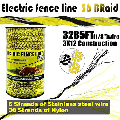BESTEEL Upgraded Electric Fence Poly Wire 3285 Feet 1000 Meters, 18" Diameter Portable Electric Fencing Polywires, 6 Stainless Steel Strands for Reliable Conductivity and Rust Resistance UV Resistant
