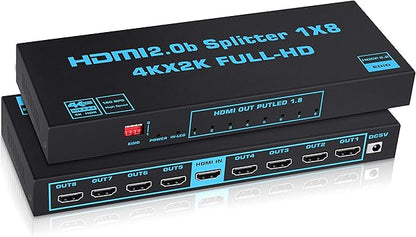 1x8 HDMI Splitter with EDID, avedio Links 4K60Hz HDMI2.0b Splitter 1 in 8 Out Audio Video Distributor Box with Power Adapter, Support 3D HDCP2.2, RGB8:8:8, 18.5Gbps for PS5, Fire Stick